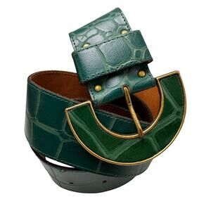 Vintage USA Womens Belt Green Croco Embossed Leather Keeper Loop Gold Buckle S/M